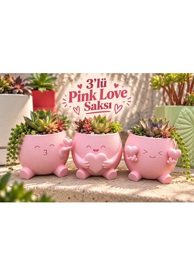3'lü Kalp Detaylı Pembe Dekoratif Saksı Seti