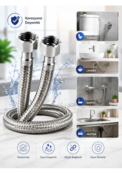 70 Cm Paslanmaz Çelik Örgülü Flex Hortum 3/8 X3/8 Klozet Ve Taharet Musluğu İçin Dayanıklı Bağlantı Hortumu