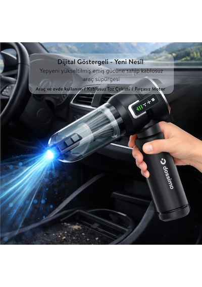 Nitro X1 Kablosuz Araç İçi Süpürge Güçlü Vakum Hava Pompası Dijital Gösterge Çanta  Siyah Gri