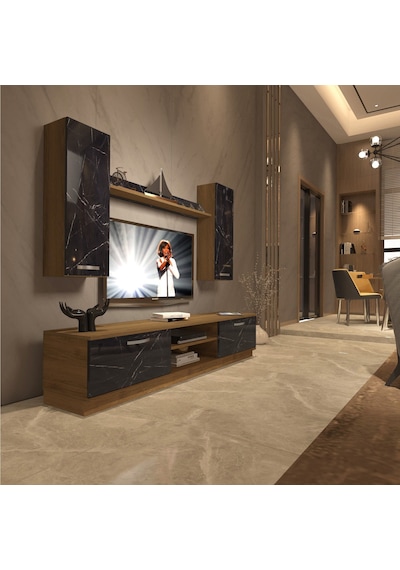 Decoraktiv Eko 5db Mdf Dvd Tv Ünitesi Tv Sehpası Pera - Siyah Mermer