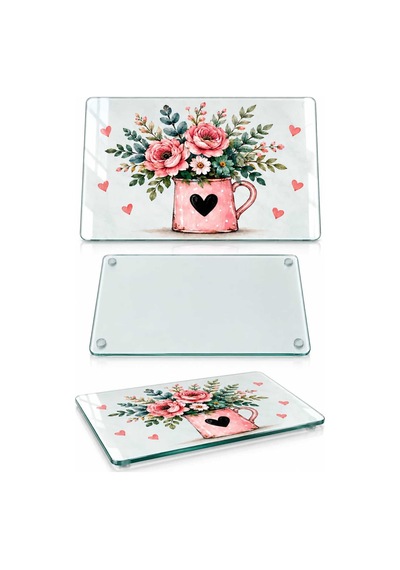 Gökçeoğlu Cam Kesme Tahtası Pembe Kupada Çiçek Temalı - Cam Kesme Tablası 20cm X 30cm Çok Renkli