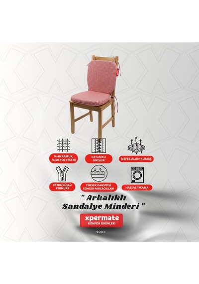 Pötikare Sırtlıklı Sandalye Minderi 42x42 Fermuarlı Yıkanabilir Kılıf Bağcıklı Minder Standart Fit Kırmızı