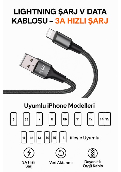 Apple Uyumlu iPhone 1 Metre Lightning Hızlı Şarj Ve Veri Aktarım Kablosu 3a Güçlü Akım Naylon Örgü Dayanıklı Tasarım