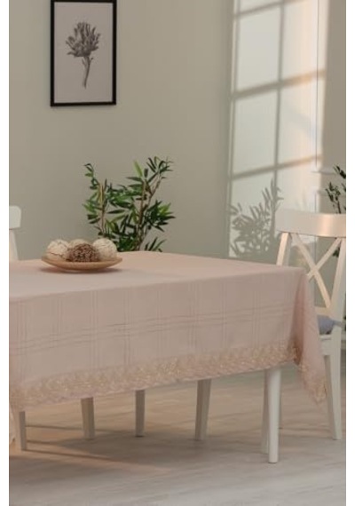 Tropik Home Dantelli Keten Efektli Leke Tutmaz Lüks Masa Örtüsü 160x220 Cm Bej Genel