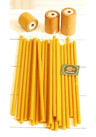 50 Adet Balmumu Mum Ve 3 Adet Özel Dizayn Ahşap Silindir Mumluk Dilek Mumu Doğal Petek Mum Beeswax Candle Sarı Çok Renkli