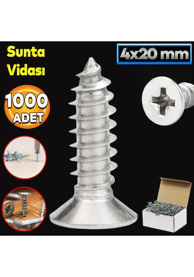 Badem10 Sunta Vidası 4x20 Paket 1000 Adet Sivri Uçlu Ahşap Tahta Ağaç Mobilya Ayak Kulp Vidası 0.35 CM