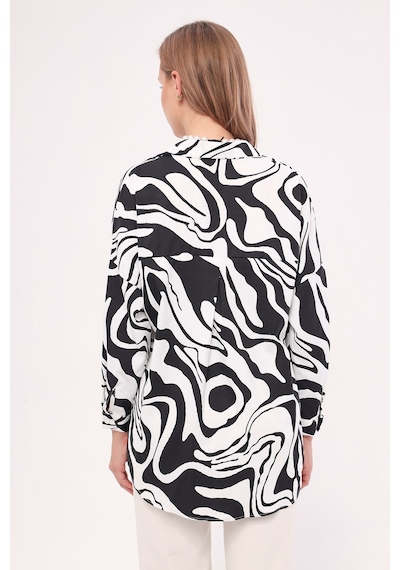 Armonika Kadın Siyah Desenli Oversize Uzun Basic Gömlek Arm-22y001148