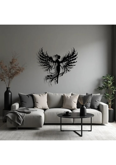 Alev Kanatlı Melek Metal Duvar Dekoru Gücün Ve Zarafetin Sanatsal Yorumu - Renk Variant Property : 000-siyah, Ebatlar Variant Property : 80 X 80