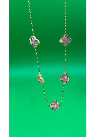 Gold Renk Yonca Desenli Taşlı Çelik Kolye Pembe