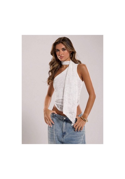 Meren Like Your Style Dantel Detaylı Tek Omuz Şal Detaylı Tek Omuz Crop Bluz Beyaz