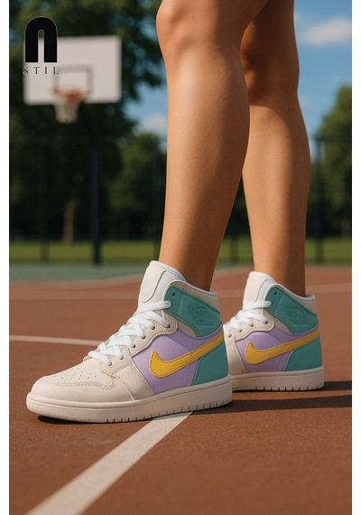 Günlük Unisex Sneaker Bağcıklı Hafif Yumuşak Kaymaz Taban Bilekli Basketbol Ayakkabı 8070 Yeşil- Lila- Sarı-21
