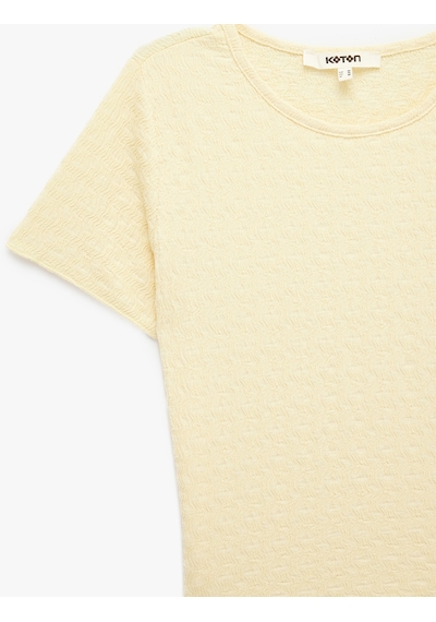 Koton Bürümcük Kumaş Dokulu Bisiklet Yaka Kısa Kollu Crop Tişört Sarı 6sak50489ek