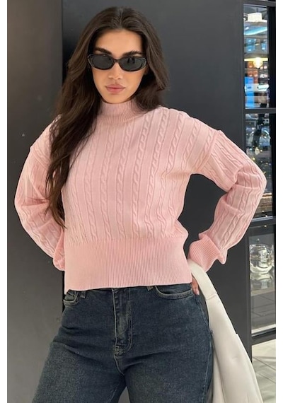 Madmext Pembe Yarım Balıkçı Yaka Örgülü Triko Kadın Kazak Mg2257 Pembe