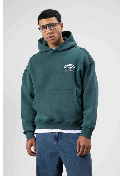 Vamos Oversize Yıkamalı Boxy Fit Kapüşonlu Sweatshirt Nefti Yeşil