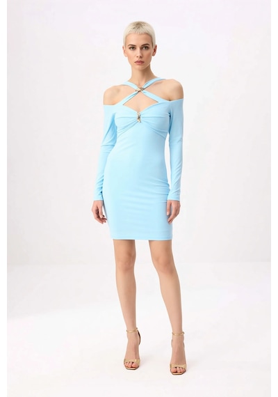 Benerly Kadın Mini Astarlı Carmen Yaka Uzun Kollu Bodycon Örme Elbise Alt Buz Mavisi