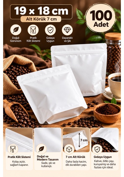 Beyaz Kilitli Doypack Ambalaj Poşeti - Alt Körüklü 19x18 Cm 100 Adet