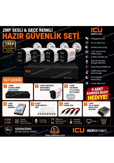 Xmeye Icu 2mp 4 Kameralı Dış Ortam Sesli Ve Gece Renkli Ahd Kamera Seti 500gb Disk