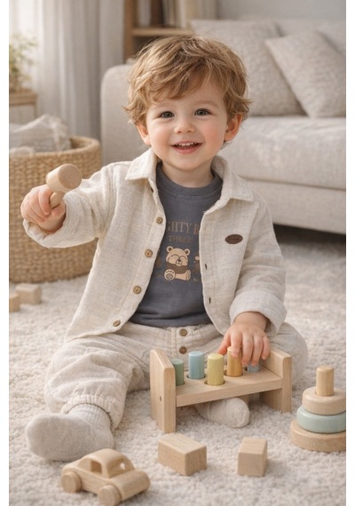 Babyhola Erkek Bebek Bayramlık Takım Ayıcık Desenli Müslin Kumaş Üçlü Set 2203 Füme