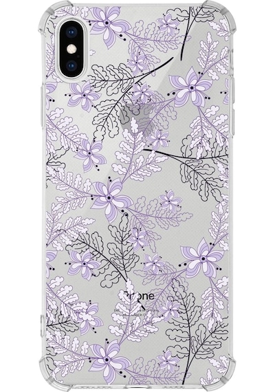 Apple Uyumlu iPhone X  Köşe Korumalı Antişok Kapak Floral Lila Tasarımlı Şeffaf Kılıf
