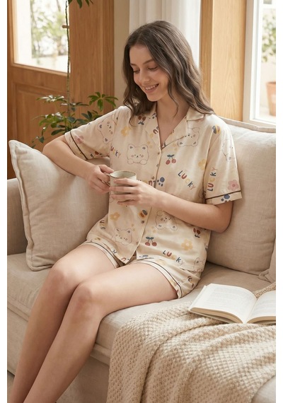 Hepsine Rakip Kadın Düğmeli Kısa Kollu Şortlu Pijama Takımı Cutebear 7518 Krem