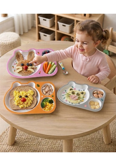 3'lü Set 3 Farklı Model Melamin Çocuk Yemek Tabağı Seti - 3 Bölmeli Kırılmaz Bebek Beslenme Tepsisi Blw Tabağı Çok Renkli
