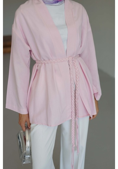 Moonsc Keten Kimono Kemerli Pembe