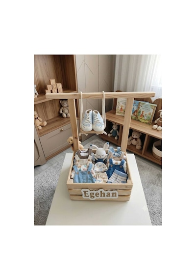 Kişiye Özel İsimli Ham Naturel Ahşap Bebek Kırk Sepeti + Salıncak Çam Kasa