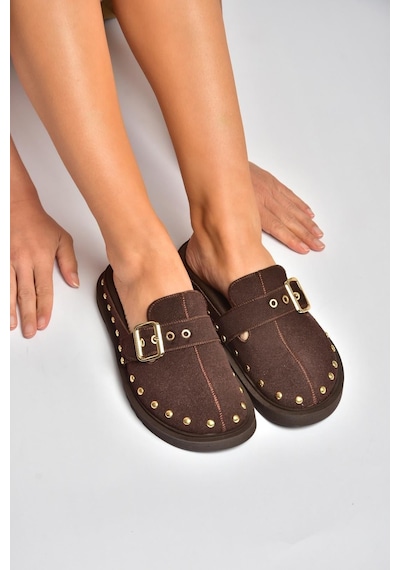 Fox Shoes Y918143802 Kahverengi Süet Önü Kapalı Zımba Detaylı Sabo Terlik