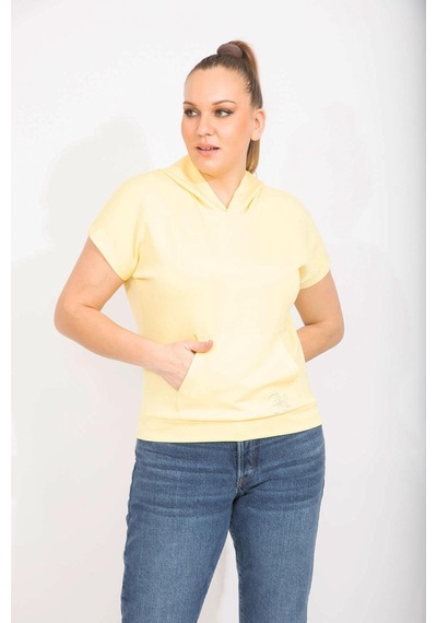 Şans Kadın Sarı Büyük Beden Kapşonlu Kanguru Cepli Kısa Kollu Sweatshirt 65n35613-sarı Sarı