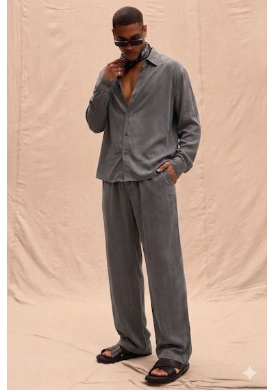 Tarz Cool Erkek Haki Tencel Kumaş Oversize Gömlek Pantolon Takım Rahat Kesim Yazlık Kombin Füme