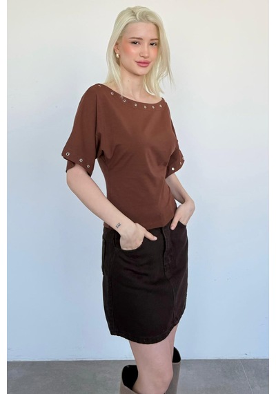 Madmext Kahverengi Off Shoulder Metal Detaylı Kadın Bluz Mg2671 Kahverengi