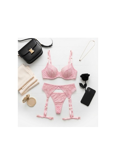 La Linaa Angel Transparan Dantelli Sütyen Külot Jartiyer Seti Pembe - 787622290 Pembe
