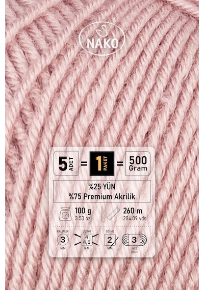 Süper İnci - 10275 Pembemsi Pudra - 5'li Paket - 100gr/260m - El Örgü İpi - Atkı Yelek Kazak İpi