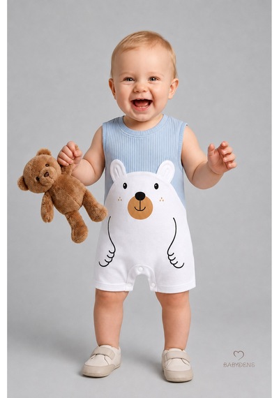 Babyden's Erkek Bebek Yazlık Ayıcık Baskılı Fitilli Tulum %100 Pamuk Kolsuz Şort Tulum Yenidoğan Bebek Romper 0-9 Ay Mavi
