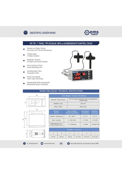 Ems Kontrol - Panel Tipi Sıcaklık, Nem Ve Karbondioksit Kontrol Cihazı -40...+80 C / 0-10.000 Ppm Ems Kontrol - Panel Tipi Sıcaklık, Nem Ve Karbondioksit Kontrol Cihazı -40...+80 C / 0-10.000 Ppm
