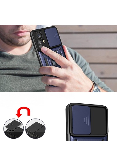 Xiaomi Mi 12 Lite Kılıf Sürgülü Kamera Koruyucu Manyetik Standlı Tank Koruma Celikaksesuar Siyah