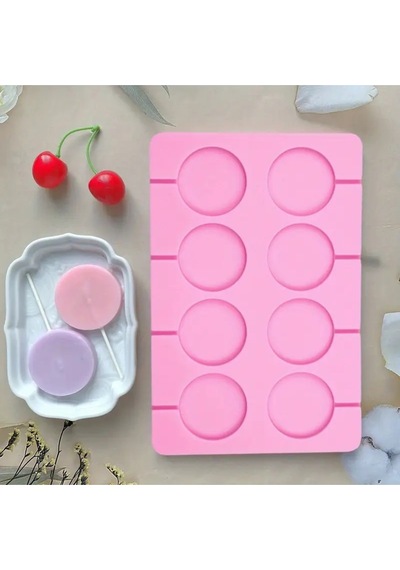 Kalıp Çubuklu Halka Şeker, Çikolata, Dondurma, Lolipop Silikon Kalıbı 8'li Pembe
