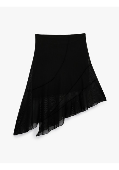 Koton Asimetrik Slim Fit Tül Detaylı Midi Etek Siyah 6sal70075ık