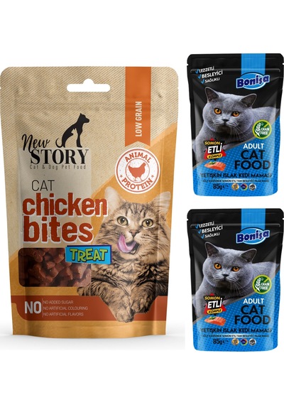 New Story Tavuklu Yumuşacık Atıştırmalık Kedi Ödülü 60 G + Somonlu Pouch 2'li