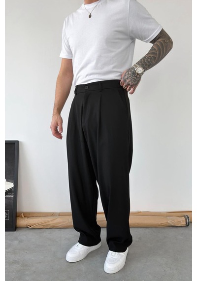 Siyah Pileli Baggy Kumaş Pantolon