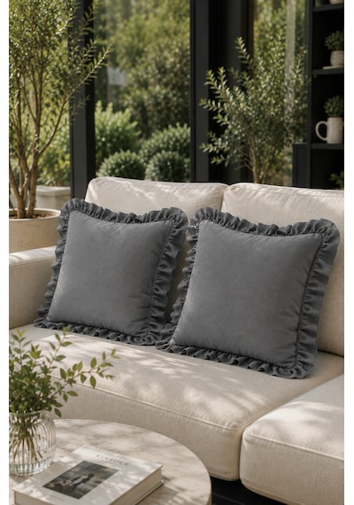 2 Li Antrasit Fırfırlı Dekoratif Kırlent Kılıfı %100 Pamuk 45x45 Cm