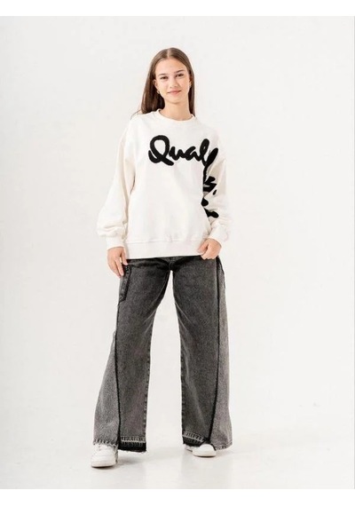Kız Çocuk Quality Yazılı Pamuklu Sweatshirt-14780 Ekru