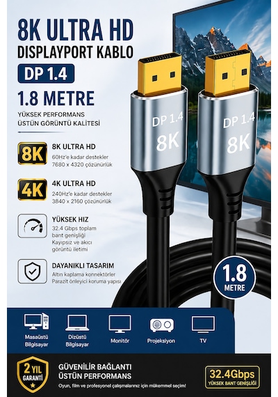 8k Displayport Kablo Dp 1.4 1.8 Metre Ultra Hd Altın Uçlu Gaming Monitör Kablosu