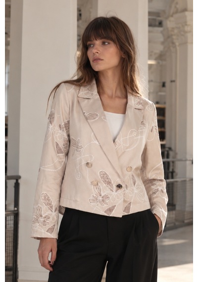 Armonika Kadın Bej Kruvaze Yaka Desenli Crop Ceket Arm-27k001025