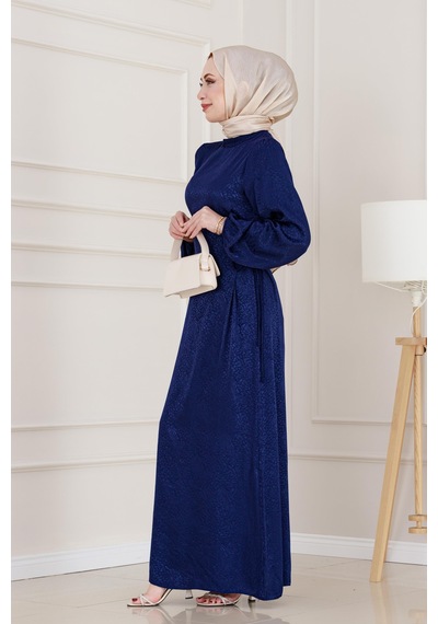 Banu Yanı Bağcıklı Saten Abiye-lacivert-4950