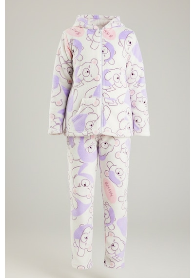 Kız Çocuk Kadife Polar Ayıcık Desen Pijama Takımı 240525 Ekru02 Ekru02