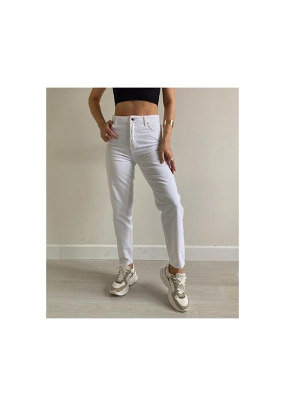 Woddi Beyaz Mom Likralı Kadın Jean Kot Pantolon-1
