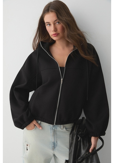 ETHIQUET VA IT Kadın Çift Cepli Eteği Ve Kol Ucu astikli Fermuarlı Oversize Siyah Sweatshirt