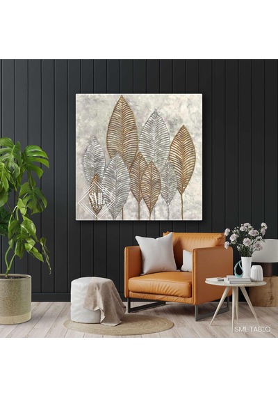 Gümüş Ve Altın Yapraklar Kare Kanvas Tablo 40 X 40 Cm