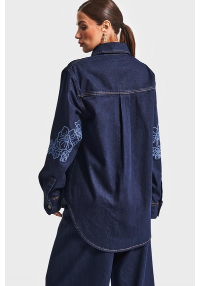 Kadın İndigo Mavi Renk 7w5-50 Oversize Çiçek Nakışlı Özel Tasarım Denim Gömlek Ceket